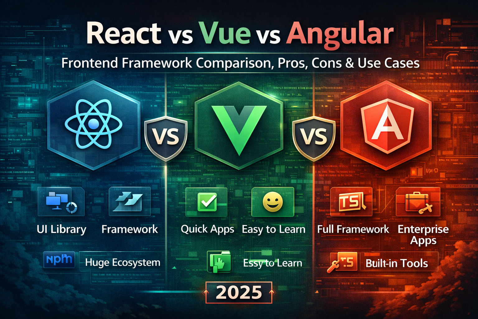 React vs Vue vs Angular: Frontend Framework Comparison, Pros, Cons & Use Cases (2025)